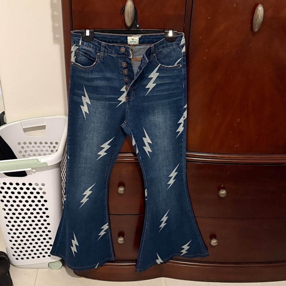 Navy Flare Jeans with Lightning Design